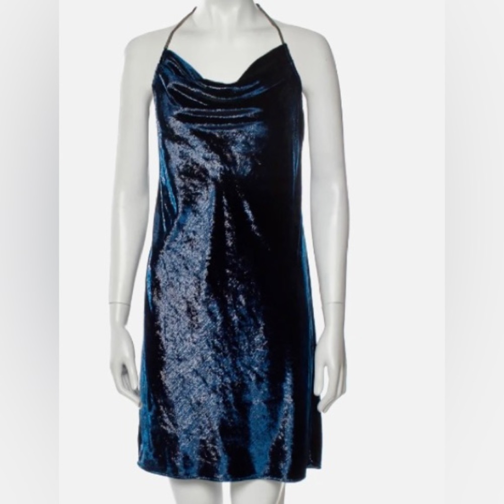 HALSTON HERITAGE Blue Metallic Cowl Neck Dress - New w/Tags - Size 0